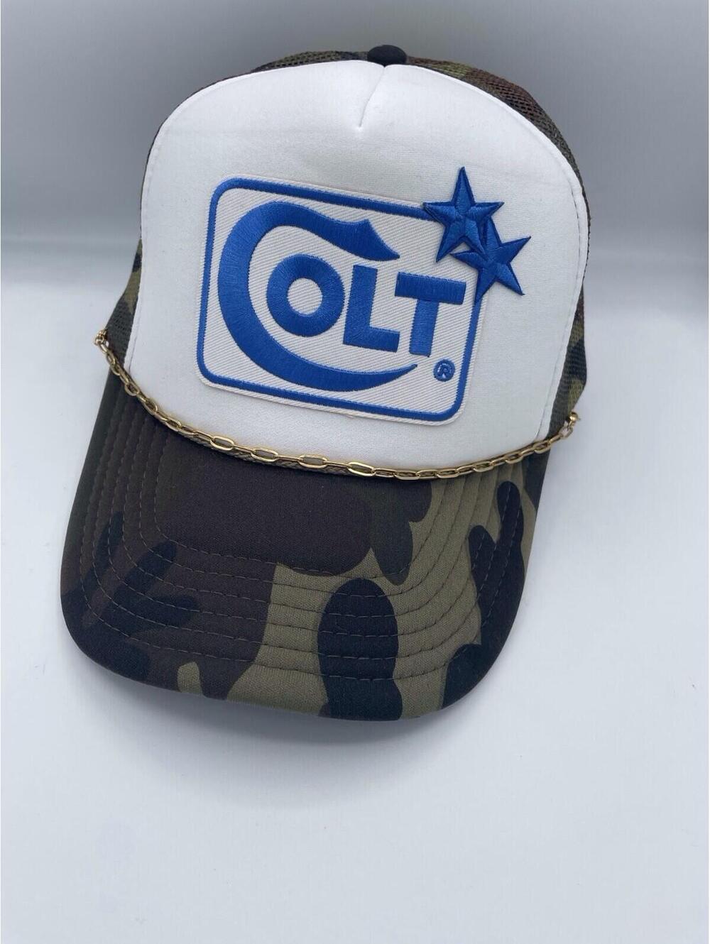 Colt Trucker Hat White 2 Stars Rope & Chain Trim Camo Mesh Adjustable Unique